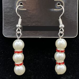 Handmade Faux Pearl Bead & Red Crystal Rondelle Earrings by Neanie-Bot